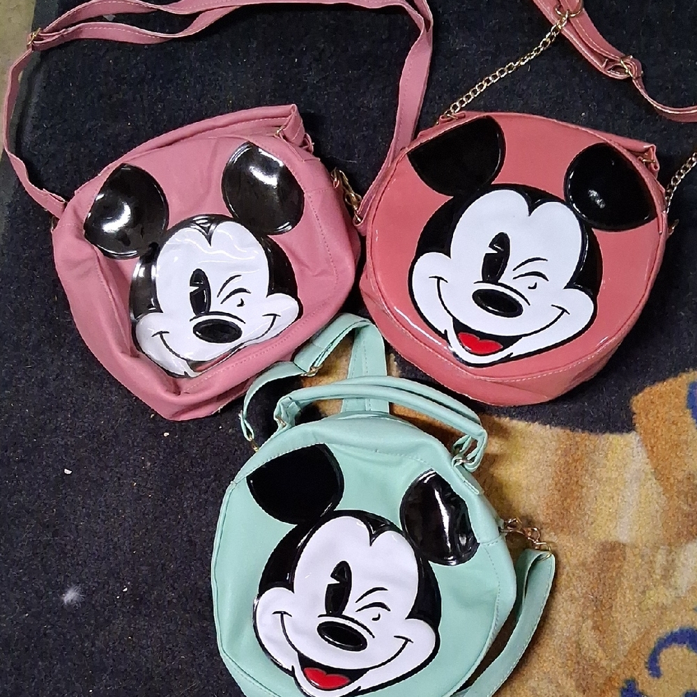 2 Mickey Mouse Pink and 1 Mint Crossbody Bags